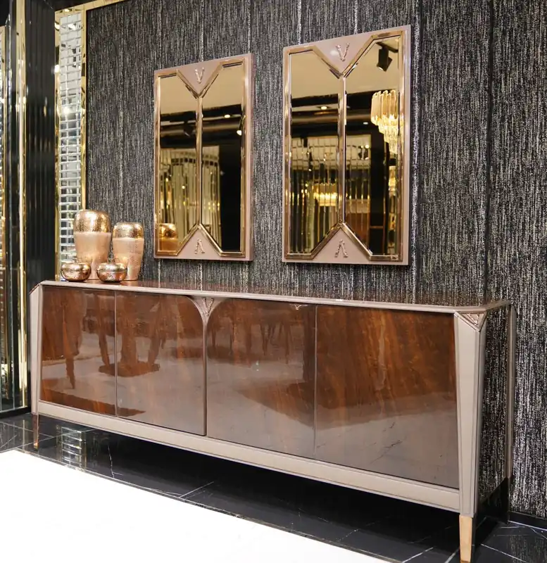 Casa Padrino set di mobili di lusso marrone scuro / grigio / rame / oro - 1 Credenza di Lusso con 4 Ante e 2 Specchi da Parete di Lusso - Mobili per la sala da pranzo - Mobili di lusso Ausverkauf