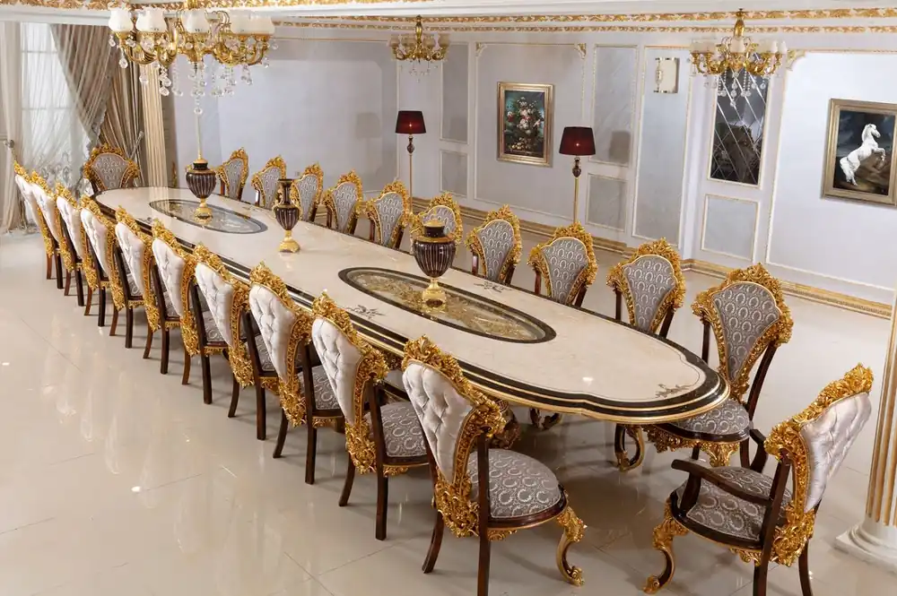 Bestpreis Casa Padrino set da pranzo barocco di lusso bianco / marrone / grigio / oro - 1 Tavolo da Pranzo Barocco e 22 Sedie da Pranzo Barocche - Mobili per hotel - Mobili per castelli - Mobili per palazzi