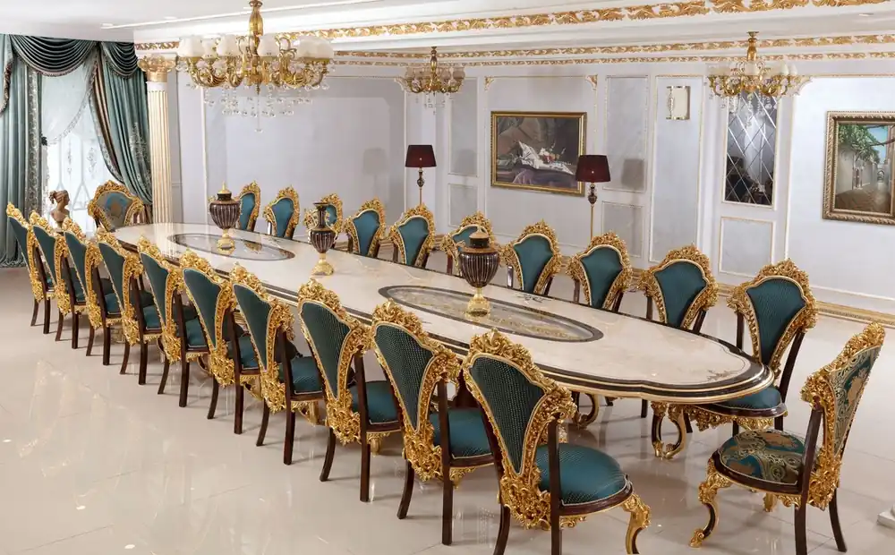 Casa Padrino set da pranzo barocco di lusso bianco / marrone / blu / oro - 1 Tavolo da Pranzo Barocco e 22 Sedie da Pranzo Barocche - Mobili per hotel - Mobili per castelli - Mobili per palazzi Online Kaufen