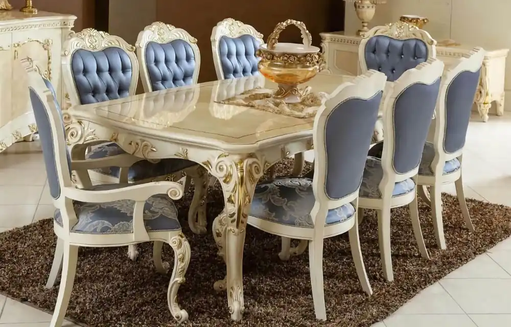 Casa Padrino set da pranzo barocco di lusso blu / bianco / oro - 1 Tavolo da Pranzo Barocco e 6 Sedie da Pranzo Barocche - Mobili barocchi per sala da pranzo - Nobile e Magnifico Neu Im Sortiment