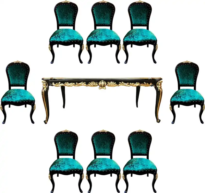 Preisreduziert Pompöös di Casa Padrino Set da Pranzo Barocco di Lusso Verde / Nero / Oro - Pompöös Tavolo da Pranzo Barocco con Piano in Vetro e 8 Sedie disegnato da Harald Glööckler - Mobili Barocco