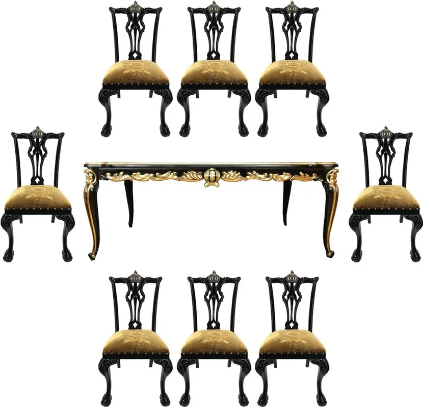 Direktkauf Pompöös di Casa Padrino Set da Pranzo Barocco di Lusso Corona Oro / Nero - Pompöös Tavolo da Pranzo Barocco con Piano in Vetro e 8 Sedie disegnato da Harald Glööckler - Mobili Barocco