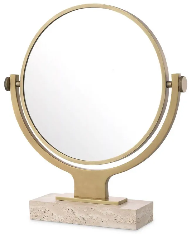 Casa Padrino specchio da tavolo cosmetico di lusso ottone antico / beige 50,5 x 12 x A. 56 cm - Specchio lavabo da bagno rotondo orientabile con base in travertino - Accessori bagno di lusso Geprüft