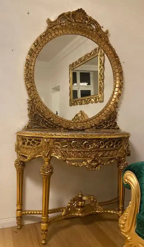 Markenware Casa Padrino consolle a specchio barocco con piano in marmo oro / grigio - Magnifica consolle barocco con specchio - Mobili guardaroba in stile barocco - Mobili barocchi - Mobili in stile antico
