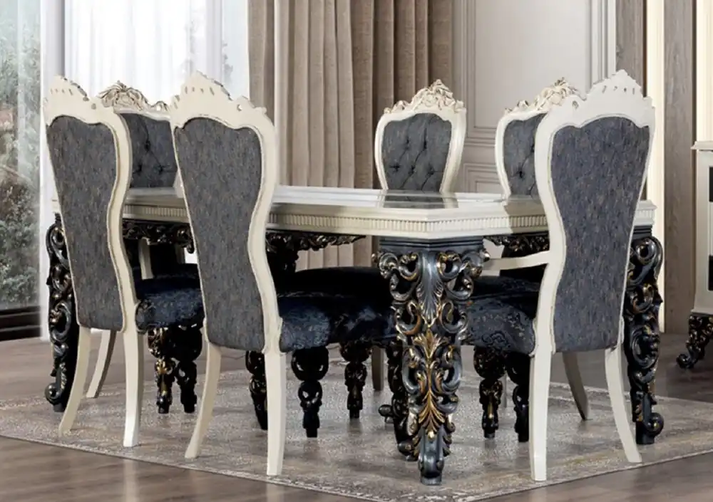 Casa Padrino set da pranzo barocco di lusso blu / bianco / bronzo / oro - 1 Tavolo da Pranzo Barocco e 6 Sedie da Pranzo Barocche - Mobili barocchi per sala da pranzo - Nobile e Magnifico Super-Preis