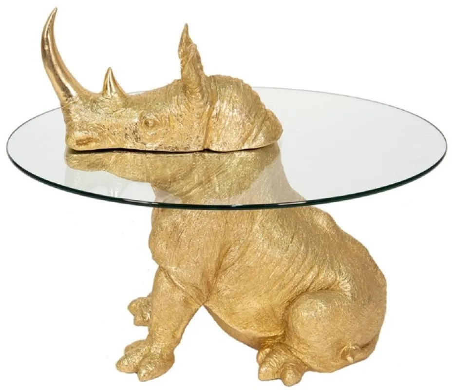 Angebot Casa Padrino tavolino di lusso rinoceronte oro Ø 65 x A. 55 cm - Tavolo rotondo in resina con piano in vetro - Mobili da soggiorno - Mobili di lusso - Arredi di lusso - Arredi da soggiorno