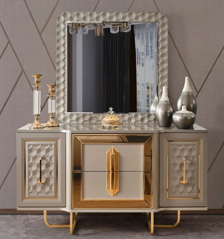 Casa Padrino set da camera da letto Art Deco di lusso grigio / oro - 1 Tavola da Trucco Art Deco di Lusso e 1 Specchio Art Deco di Lusso - Mobili per camera da letto Art Deco di lusso Sale
