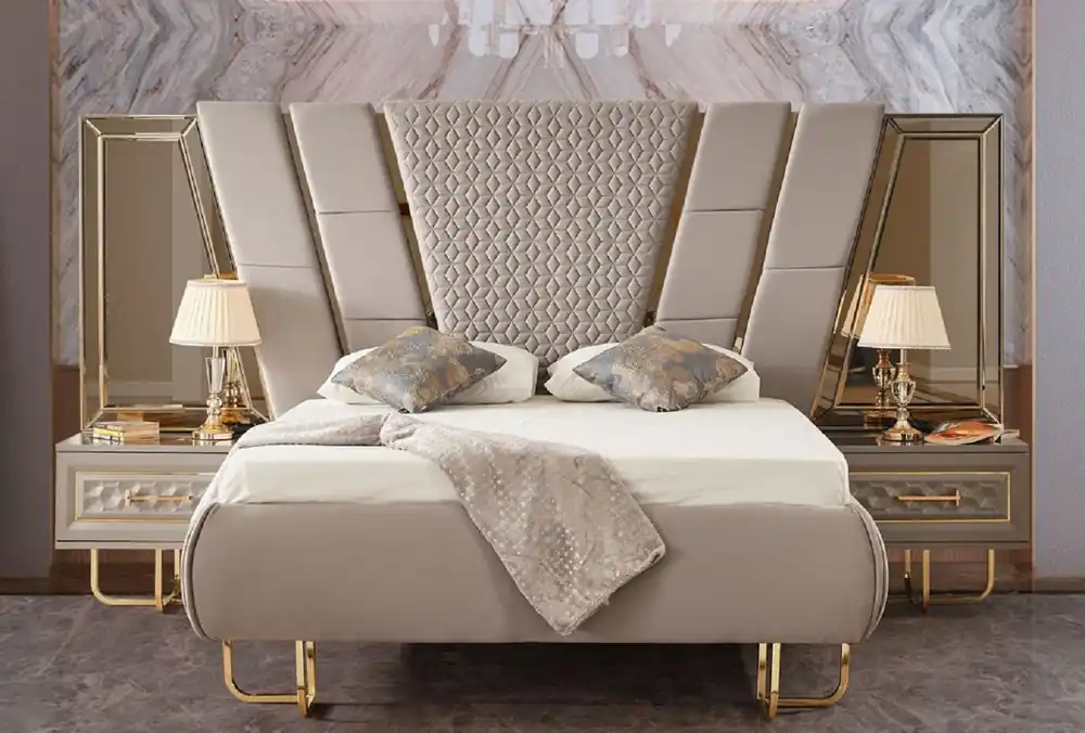 Jetzt Kaufen Casa Padrino set per camera da letto Art Deco di lusso grigio / oro - 1 Letto Matrimoniale con Testiera e 2 Comodini - Mobili camera da letto - Mobili Art Deco - Mobili di lusso