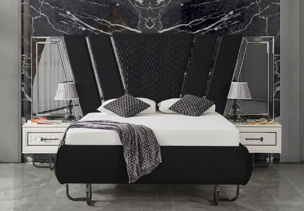 Neuheit Casa Padrino set per camera da letto Art Deco di lusso nero / bianco / bronzo - 1 Letto Matrimoniale con Testiera e 2 Comodini - Mobili camera da letto - Mobili Art Deco - Mobili di lusso