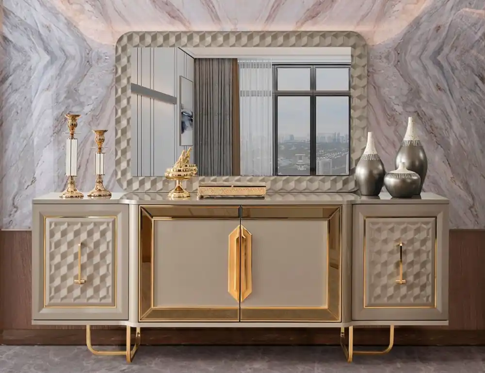 Wochenendangebot Casa Padrino Set di Mobili Art Deco di Lusso Grigio / Oro - 1 Credenza Art Deco di Lusso con 4 Ante e 1 Specchio Art Deco di Lusso - Mobili Art Deco di Lusso - Arredamento Art Deco di Lusso