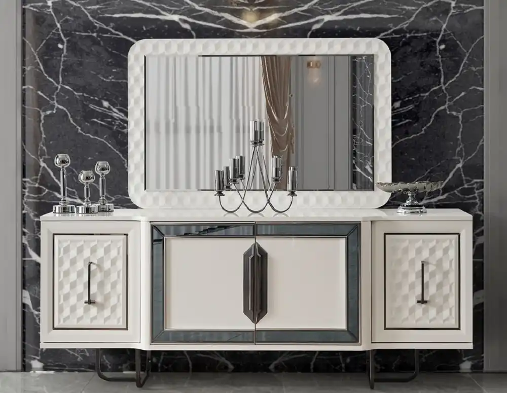 Ausverkauf Casa Padrino Set di Mobili Art Deco di Lusso Bianco / Bronzo - 1 Credenza Art Deco di Lusso con 4 Ante e 1 Specchio Art Deco di Lusso - Mobili Art Deco di Lusso - Arredamento Art Deco di Lusso