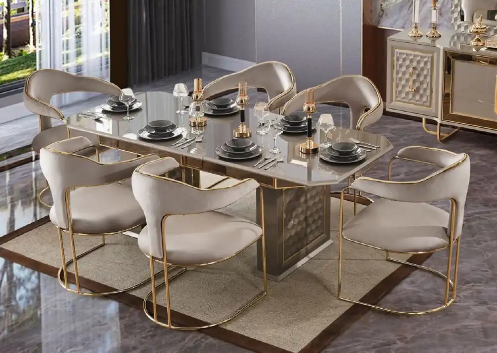 Casa Padrino set da pranzo Art Deco di lusso grigio / oro - 1 Tavolo da Pranzo Allungabile e 6 Sedie da Pranzo con Braccioli - Mobili per sala da pranzo - Mobili Art Deco - Mobili di lusso Heißes Angebot