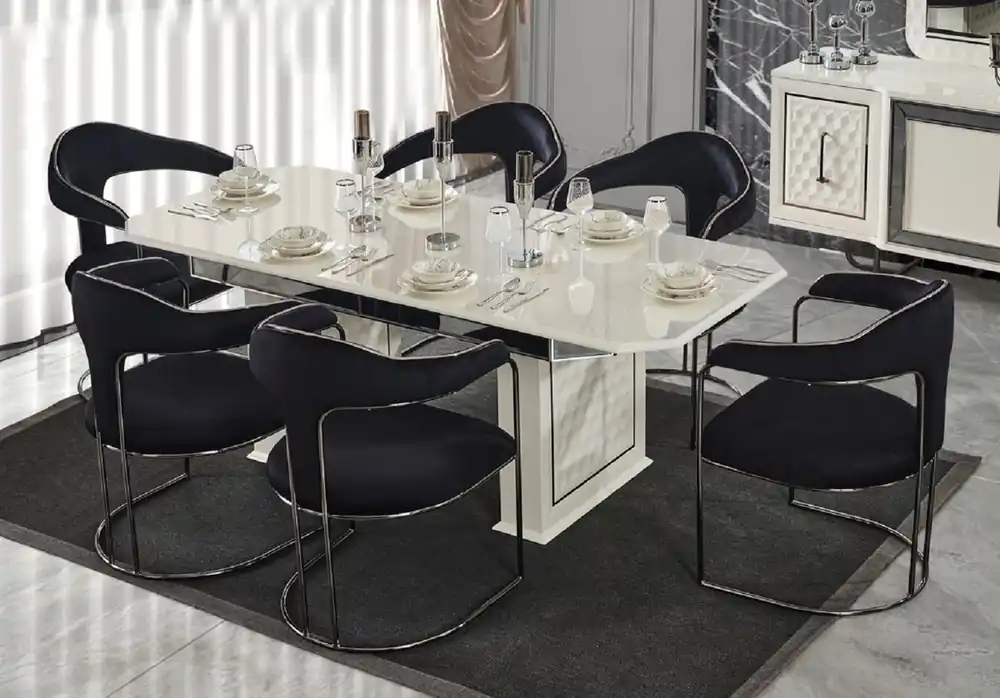 Casa Padrino set da pranzo Art Deco di lusso nero / bianco / bronzo - 1 Tavolo da Pranzo Allungabile e 6 Sedie da Pranzo con Braccioli - Mobili per sala da pranzo - Mobili Art Deco di lusso Sofort Bestellen