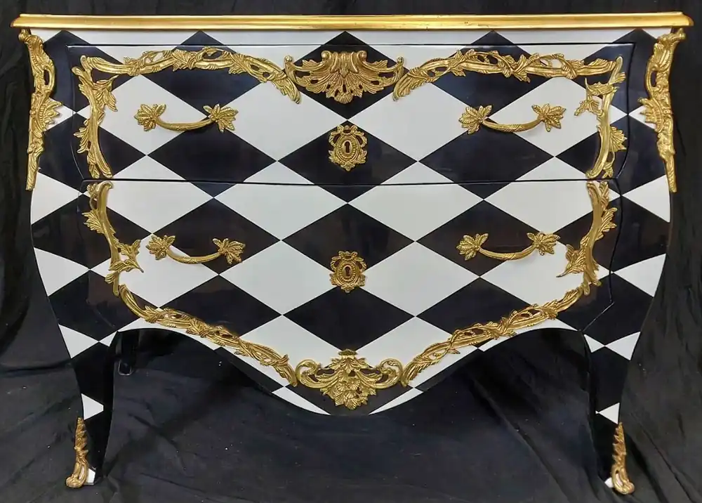 Casa Padrino cassettone barocco con design a scacchi e 2 cassetti nero / bianco / oro - Cassettone in legno massello fatto a mano in stile barocco - Mobili camera da letto in stile barocco Markenware