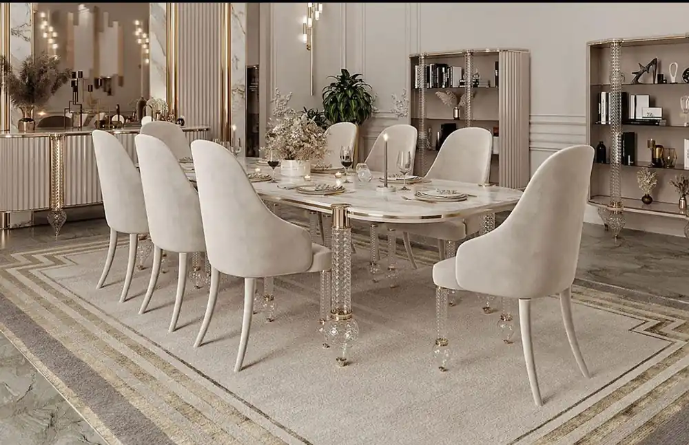 Neue Ware Casa Padrino set da sala da pranzo Art Deco di lusso bianco / grigio / oro - 1 Tavolo da Pranzo Art Deco con Piano e 6 Sedie da Pranzo Art Deco - Mobili da Pranzo Art Deco - Qualità di lusso
