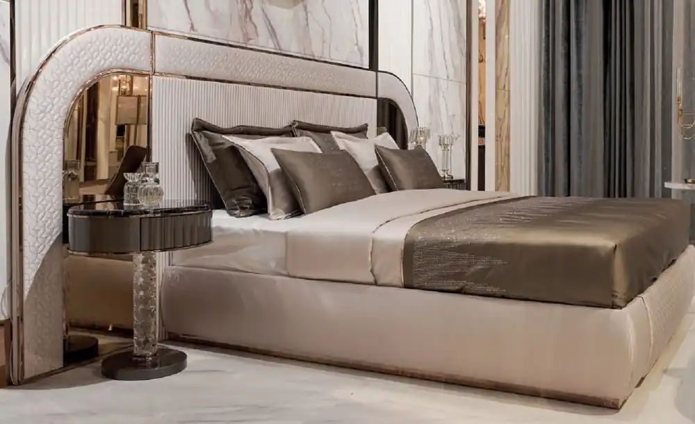 Angebot Casa Padrino letto matrimoniale Art Deco di lusso grigio / rame 350 x 209,5 x A. 140 cm - Letto in legno massello nobile con testiera a specchio - Mobili camera da letto - Mobili Art Deco di lusso