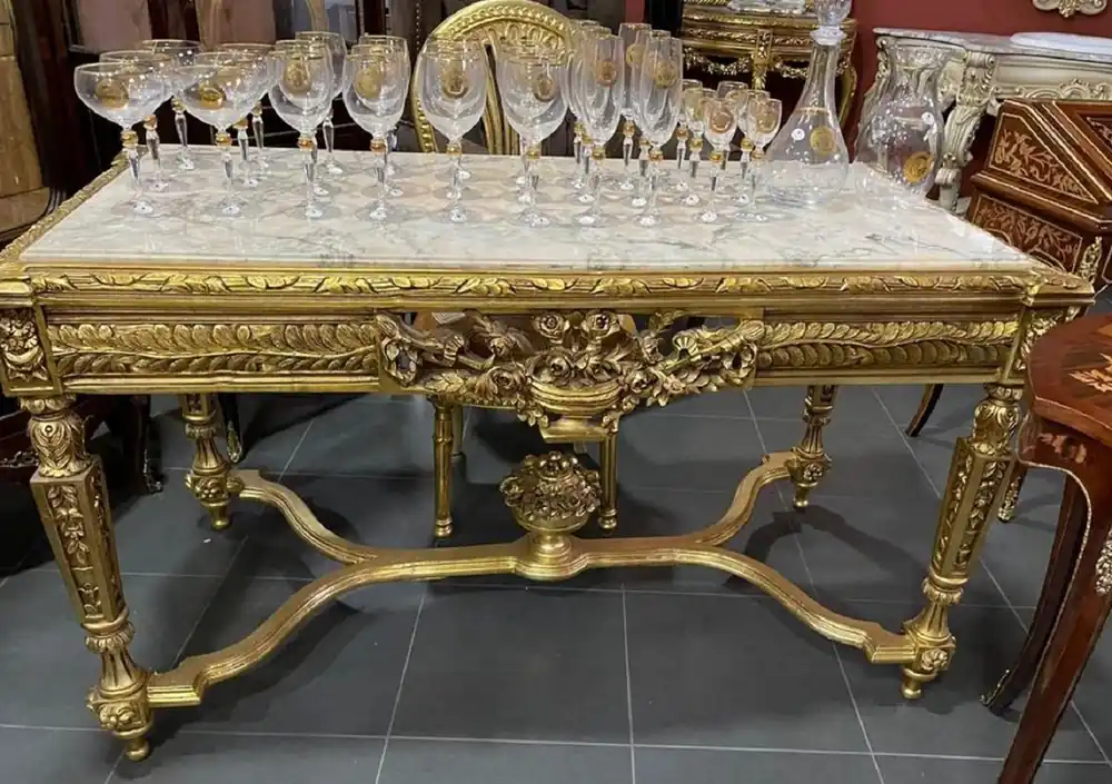 Sale Casa Padrino tavolo da pranzo barocco oro / bianco - Tavolo da pranzo rettangolare in legno massello con piano in marmo - Mobili per sala da pranzo in stile barocco - Mobili barocchi