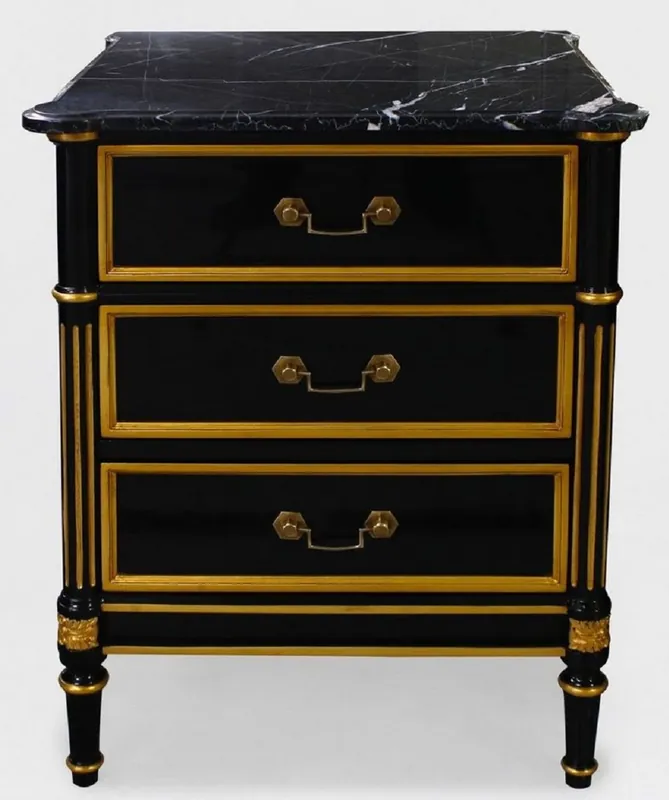 Casa Padrino comodino barocco di lusso nero / oro - Comodino barocco in mogano con 3 cassetti e piano in marmo - Mobili per camera da letto barocchi - Mobili di lusso in stile barocco Nur Heute