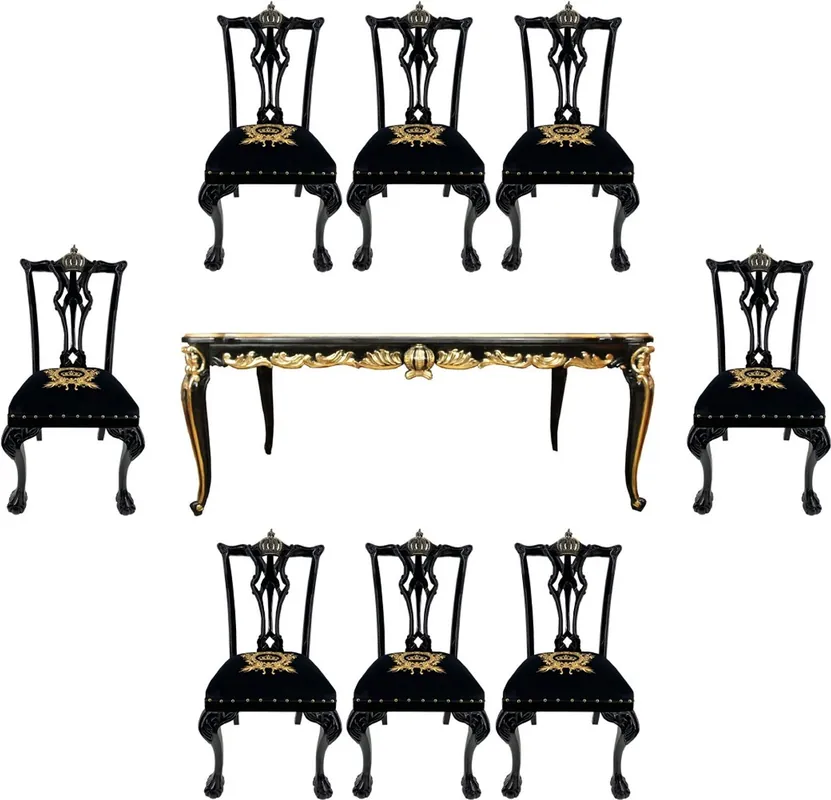 Pompöös di Casa Padrino Set da Pranzo Barocco di Lusso Corona Nero / Oro - Pompöös Tavolo da Pranzo Barocco con Piano in Vetro e 8 Sedie disegnato da Harald Glööckler - Mobili Barocco Markenprodukt