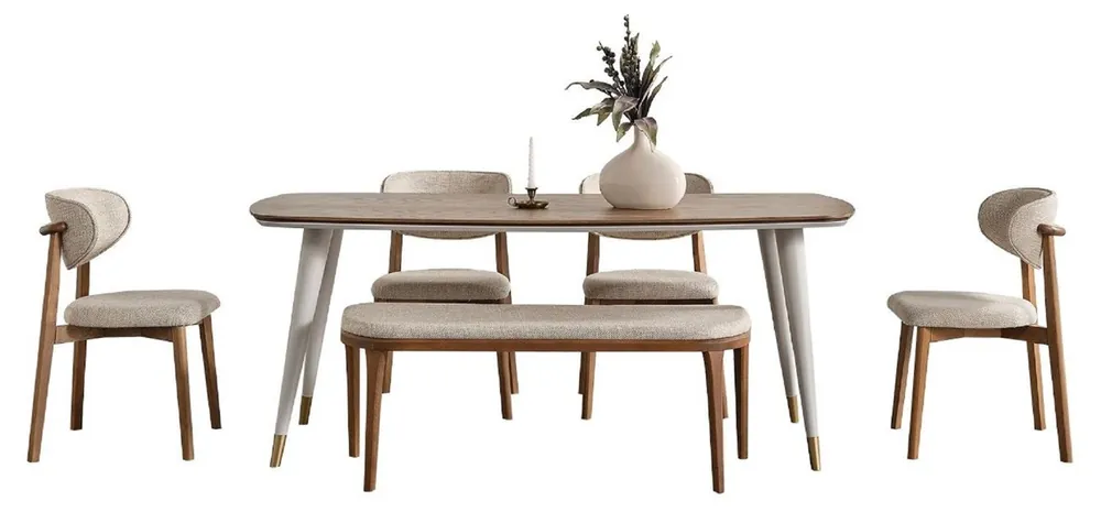Highlight Casa Padrino set da pranzo di lusso grigio / marrone - 1 Tavolo da Pranzo di Lusso e 4 Sedie da Pranzo di Lusso e 1 Panca di Lusso - Mobili per sala da pranzo - Mobili di lusso - Arredi di lusso