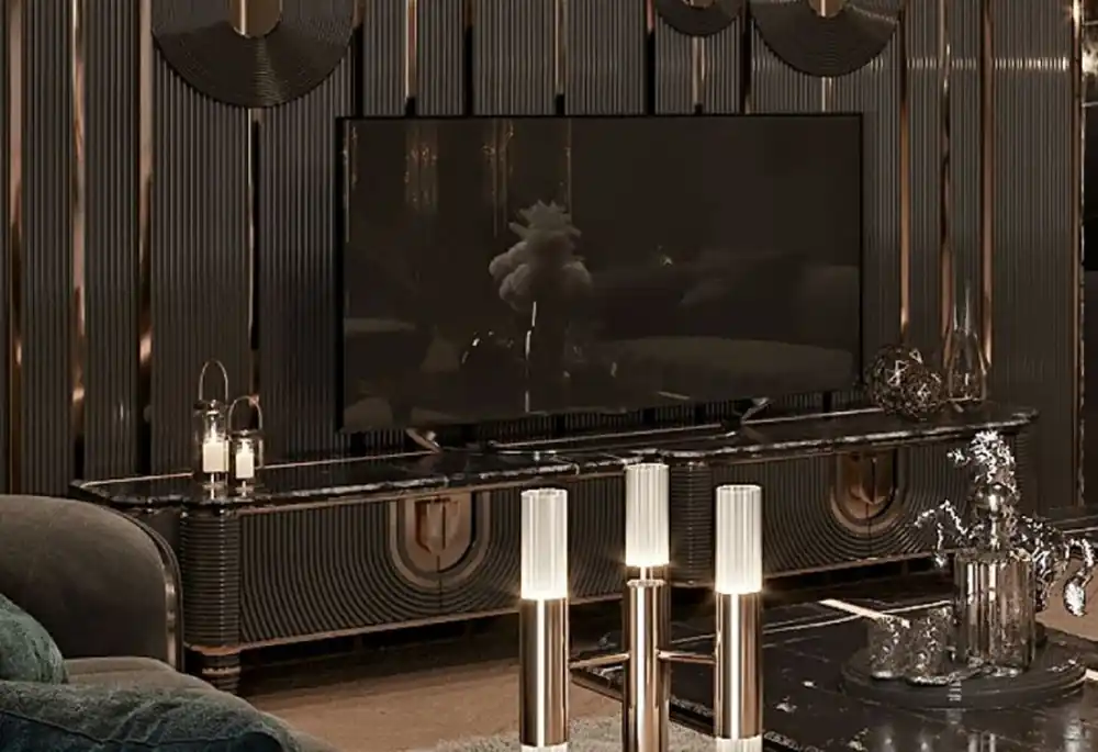 Casa Padrino armadio TV di lusso grigio / oro / nero 250 x 52 x A. 50 cm - Credenza in legno massello con piano in pregiato marmo artificiale - Mobile per soggiorno - Mobili di lusso Letzte Chance