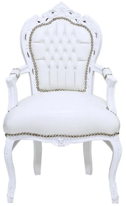 Casa Padrino sedia da pranzo barocco con braccioli e pregiato pelle artificiale bianco / bianco - Sedia in stile antico fatta a mano - Mobili per sala da pranzo stile barocco - Mobili barocco Versand Am Gleichen Tag