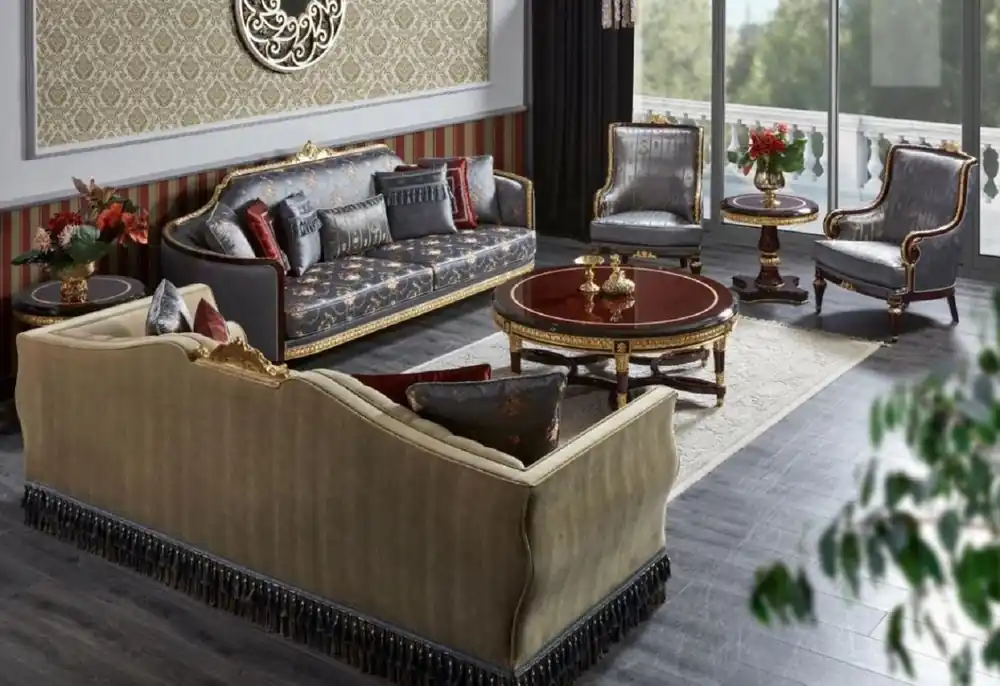 Casa Padrino set da soggiorno barocco di lusso beige / blu / marrone scuro / oro - 2 Divani e 2 Poltrone e 1 Tavolo da Salotto e 2 Tavolini - Mobili da soggiorno barocco - Nobile e Magnifico Mega-Angebot