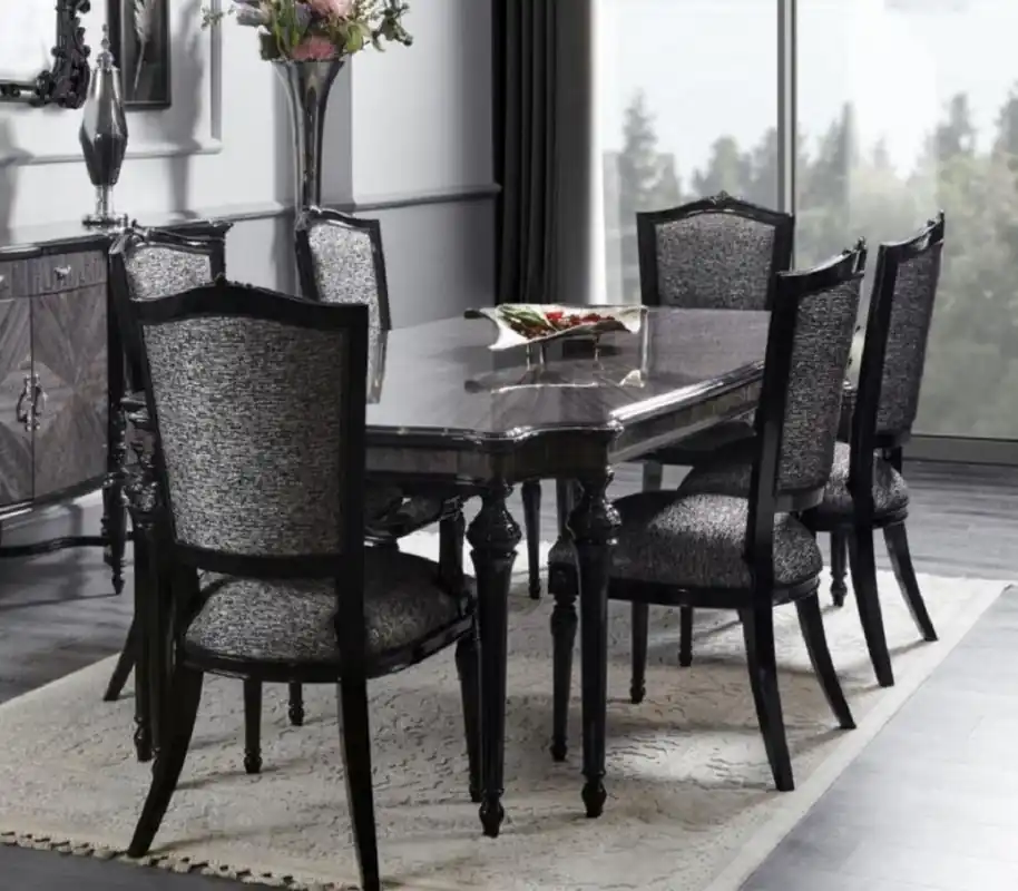 Jetzt Kaufen Casa Padrino set da sala da pranzo barocco di lusso grigio / nero - 1 Tavolo da Pranzo Barocco e 8 Sedie da Pranzo Barocche - Mobili di lusso per sala da pranzo in stile barocco