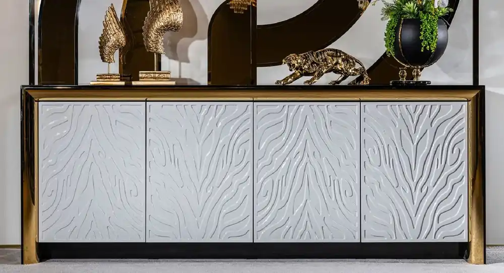 Expressversand Casa Padrino credenza di lusso nero / bianco grigio / oro 220 x 52 x A. 87,5 cm - Armadio nobile in legno massello con 4 ante - Mobili di lusso - Arredamento di lusso