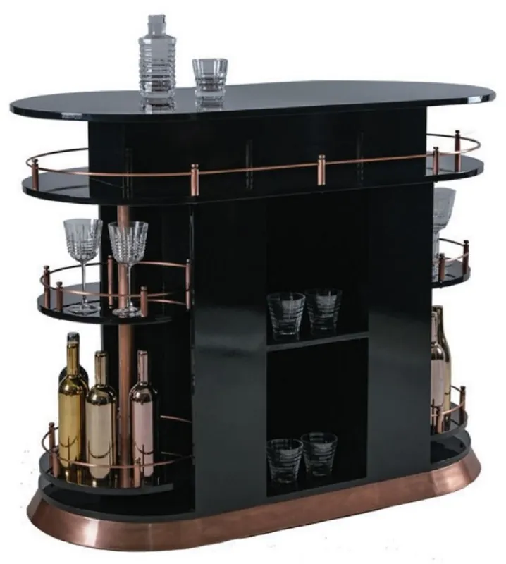 Sichere Zahlung Casa Padrino Bancone Bar di Lusso Nero Lucido / Rame 135 x 65 x A. 106 cm - Tavolo Bancone Ovale in Legno Massello - Mobile Bar in Legno Massello - Mobile Bar di Lusso - Mobile di Lusso