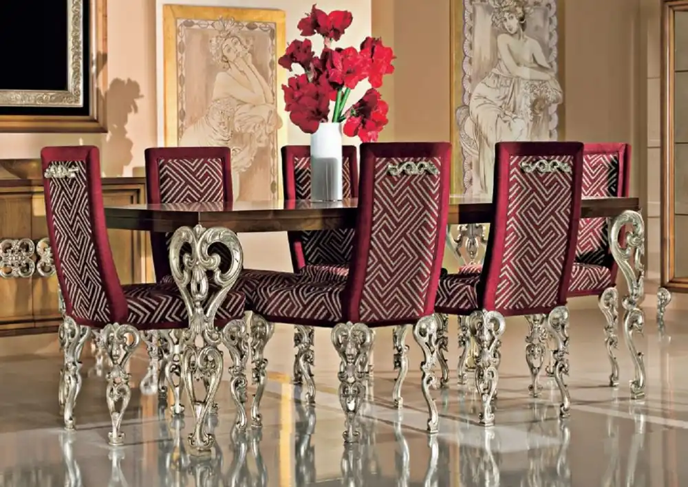 Sonderaktion Casa Padrino set da sala da pranzo barocco di lusso marrone / bordeaux rosso / argento antico - 1 Tavolo da Pranzo Barocco e 6 Sedie da Pranzo Barocche - Mobili barocchi - Fatto in Italia