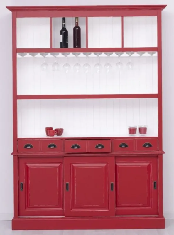 Top-Seller Casa Padrino armadio bar in legno massello stile country rosso antico / bianco 151 x 36 x A. 210 cm - Armadio vino in legno massello stile country - Mobile bar legno massello stile country