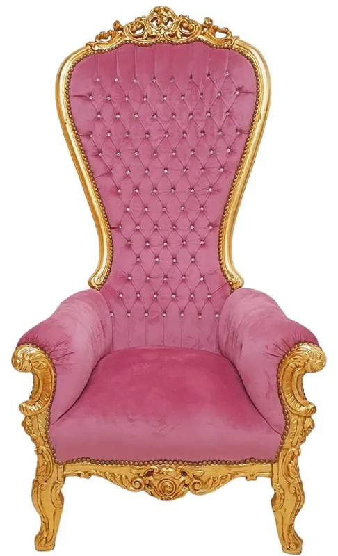 Casa Padrino poltrona trono barocco con tessuto in velluto e strass rosa / oro - Poltrona reale fatta a mano stile barocco - Poltrona da matrimonio - Poltrona gigante barocco - Mobili barocchi Sichere Zahlung