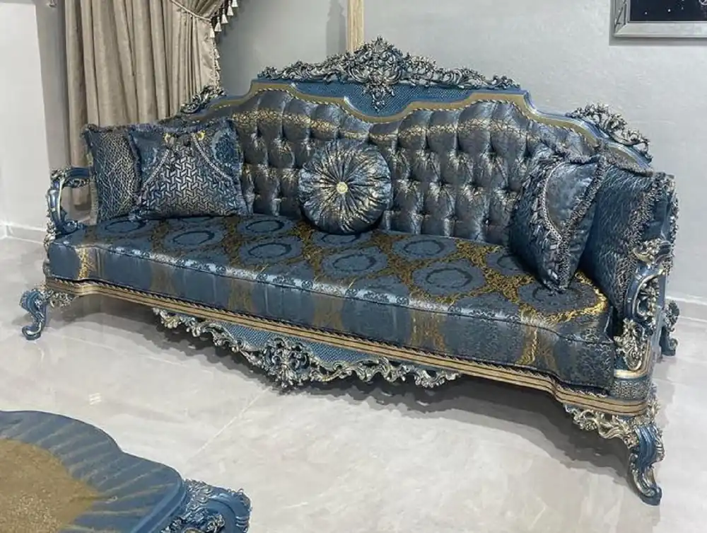 Wochenendangebot Casa Padrino divano barocco di lusso blu / oro - Magnifico divano da soggiorno con motivo elegante - Mobili da soggiorno in stile barocco - Mobili di lusso in stile barocco