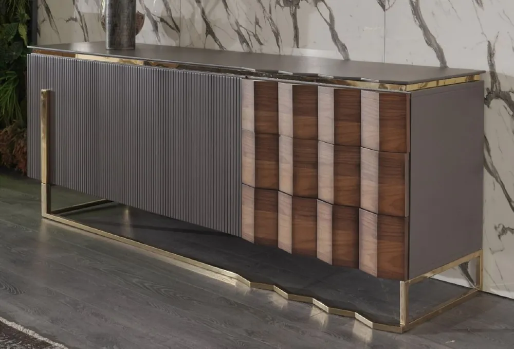 Zertifiziert Casa Padrino credenza di lusso grigio / marrone / oro 220 x 53 x A. 82 cm - Armadio in legno massello con 2 ante e 3 cassetti - Mobile sala da pranzo - Mobili di lusso - Collezione di lusso