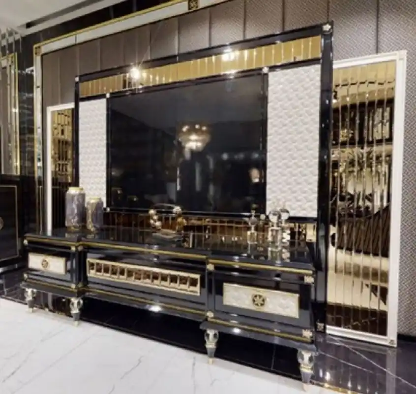 Markenware Casa Padrino set di mobile TV Art Deco di lusso nero / bianco / oro - Magnifica credenza da soggiorno con parete posteriore TV - Mobili da Soggiorno Art Deco - Collezione di Lusso