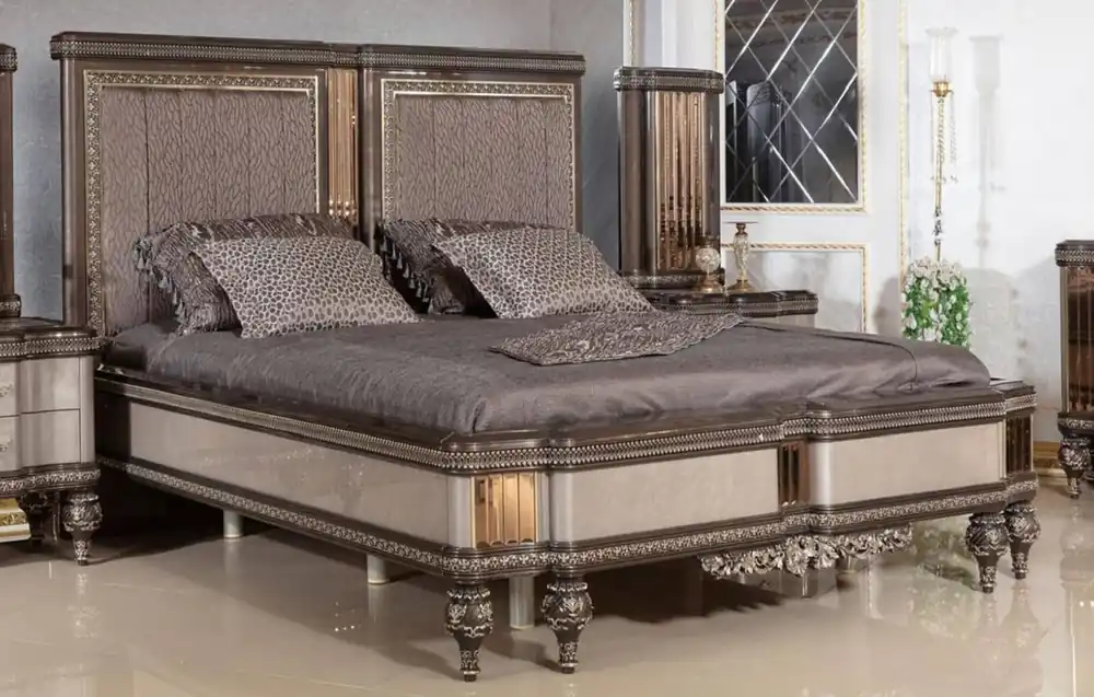 Casa Padrino letto matrimoniale barocco di lusso grigio / marrone scuro / oro - Magnifico letto in legno massello - Mobili per camera da letto di lusso in stile barocco - Arredi barocco Ausverkauf