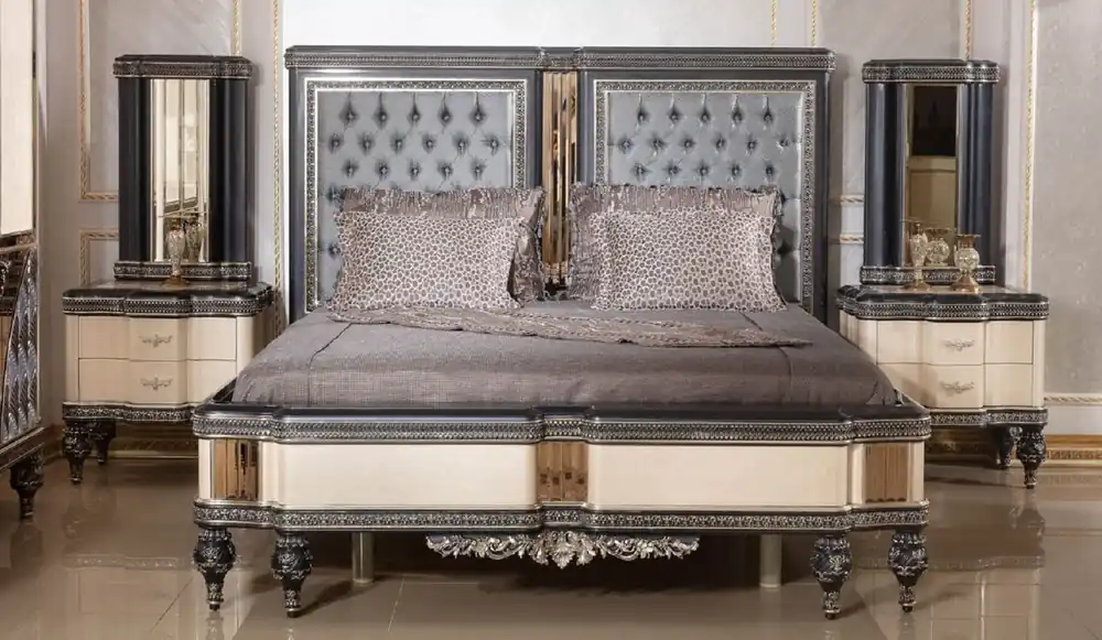 Schneller Versand Casa Padrino set per camera da letto barocco di lusso azzurro / beige / nero / oro - 1 Letto Matrimoniale Barocco con Testiera e 2 Comodini Barocchi - Mobili camera da letto di lusso stile barocco