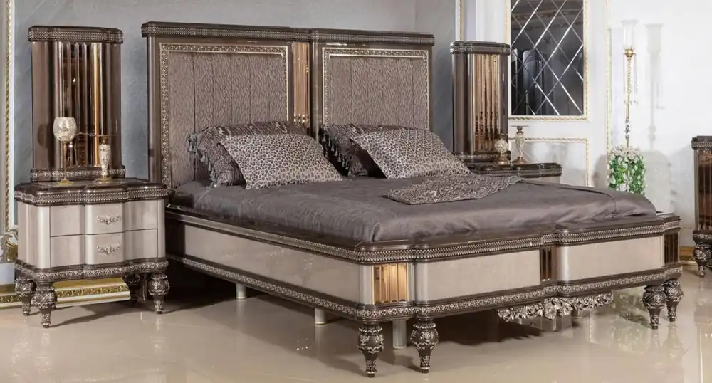 Preisreduziert Casa Padrino set per camera da letto barocco di lusso grigio / marrone scuro / oro - 1 Letto Matrimoniale Barocco con Testiera e 2 Comodini Barocchi - Mobili camera da letto di lusso stile barocco