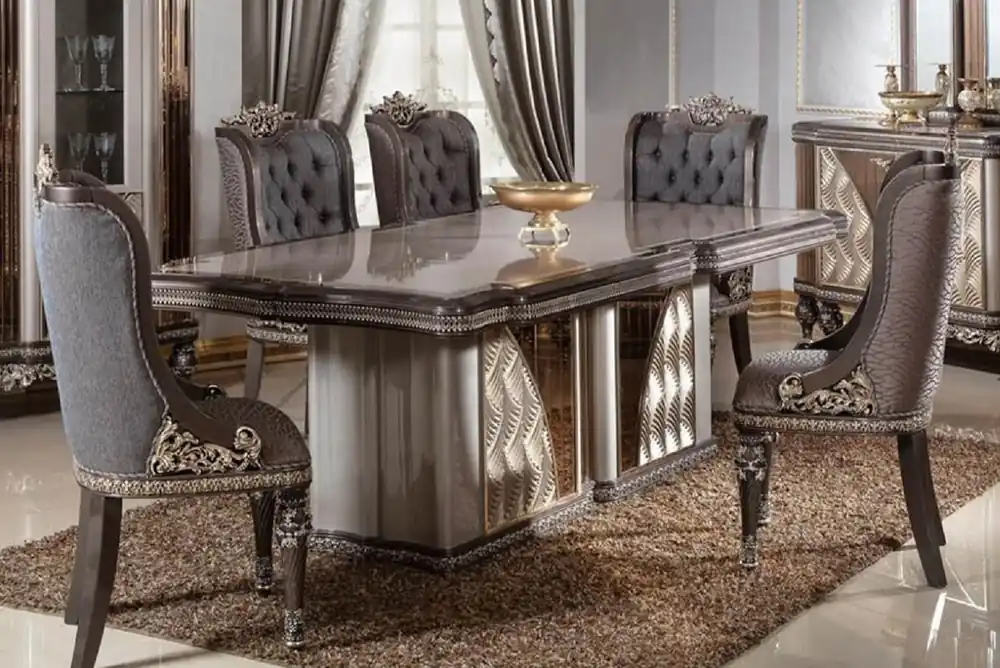 Nur Für Kurze Zeit Casa Padrino set da sala da pranzo barocco di lusso blu / grigio / marrone scuro / oro - 1 Tavolo da Pranzo Barocco e 6 Sedie da Pranzo Barocco - Mobili per sala da pranzo in stile barocco