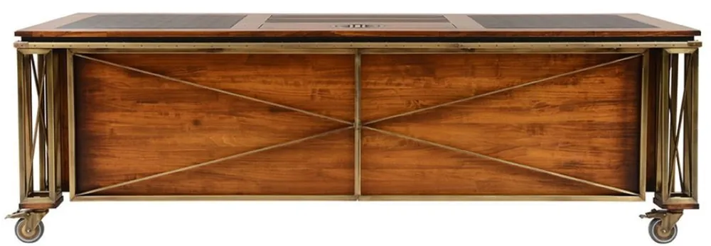 Casa Padrino scrivania in stile vintage di lusso marrone / ottone / nero 234 x 98,5 x A. 75 cm - Tavolo da ufficio in legno massello con ruote - Mobile per ufficio in stile vintage di lusso Zertifiziert
