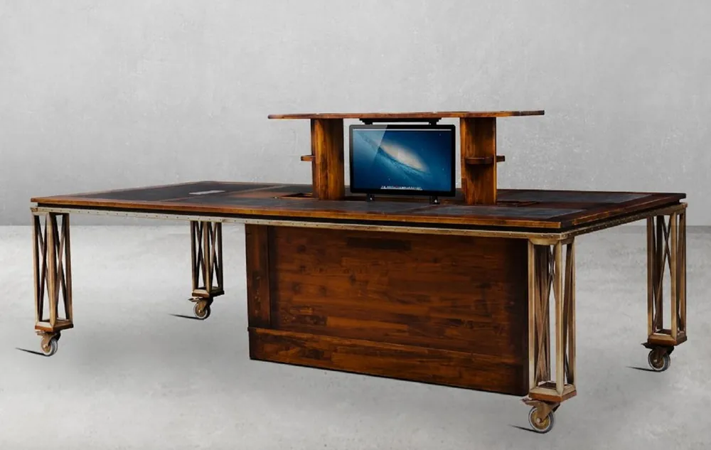Casa Padrino scrivania in stile vintage di lusso marrone / ottone / nero 270 x 120 x A. 76 cm - Tavolo da ufficio in legno massello con ruote - Mobile per ufficio in stile vintage di lusso Kracherpreis
