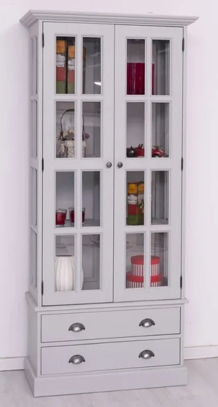 Echt Casa Padrino vetrina in stile country grigio chiaro 91 x 47 x A. 200 cm - Vetrina in legno massello con 2 ante e 2 cassetti - Mobile stile country - Mobile in legno massello - Mobile sala da pranzo