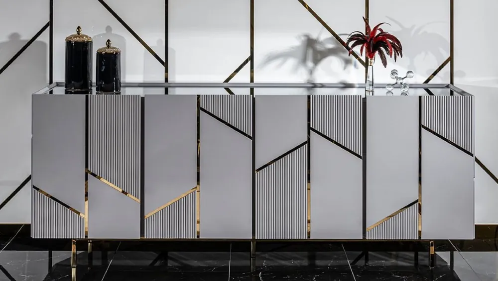 Günstig Casa Padrino credenza di lusso grigio / oro 220 x 51 x A. 86 cm - Credenza in legno massello con 4 ante - Mobile sala da pranzo - Mobile soggiorno - Mobile hotel - Mobile di lusso
