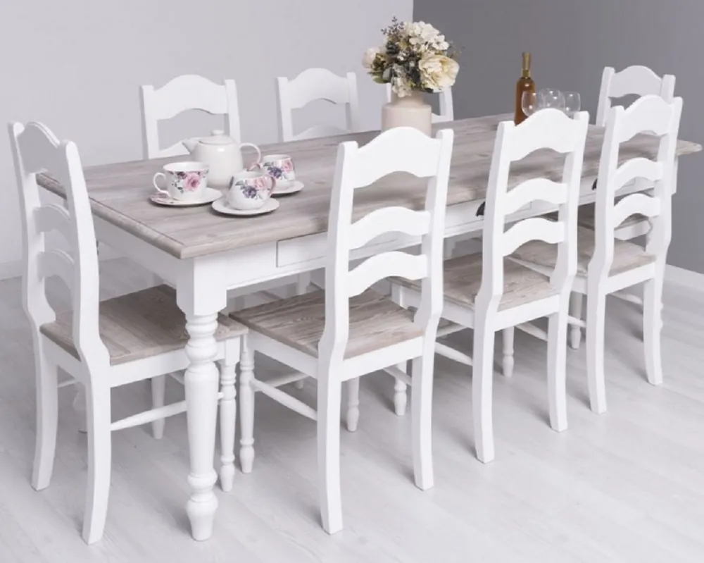 Saisonangebot Casa Padrino set di mobili per sala da pranzo in stile country bianco / naturale - 1 Tavolo da Pranzo e 8 Sedie da Pranzo - Mobili per sala da pranzo in legno massello in stile country