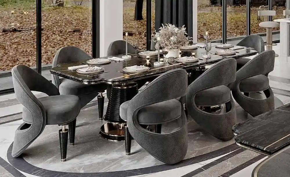 Must-Have Casa Padrino set di mobili per sala da pranzo di lusso grigio / nero / oro - 1 Tavolo da Pranzo con Piano in Marmo Artificiale e 8 Sedie da Pranzo - Mobili per sala da pranzo - Mobili di lusso