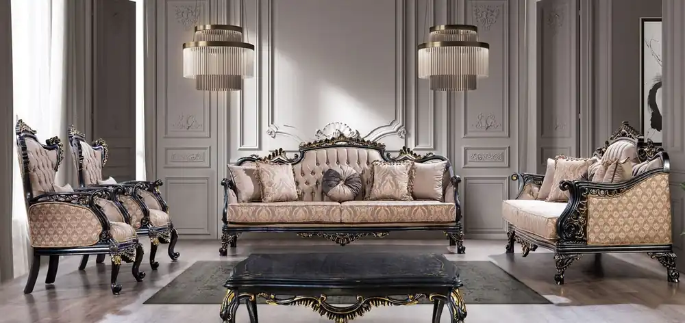 Neu Casa Padrino set da soggiorno barocco di lusso grigio / blu / oro - 2 Divani Barocchi e 2 Poltrone Barocche e 1 Tavolo da Salotto Barocco - Mobili da soggiorno barocco - Nobile e Magnifico