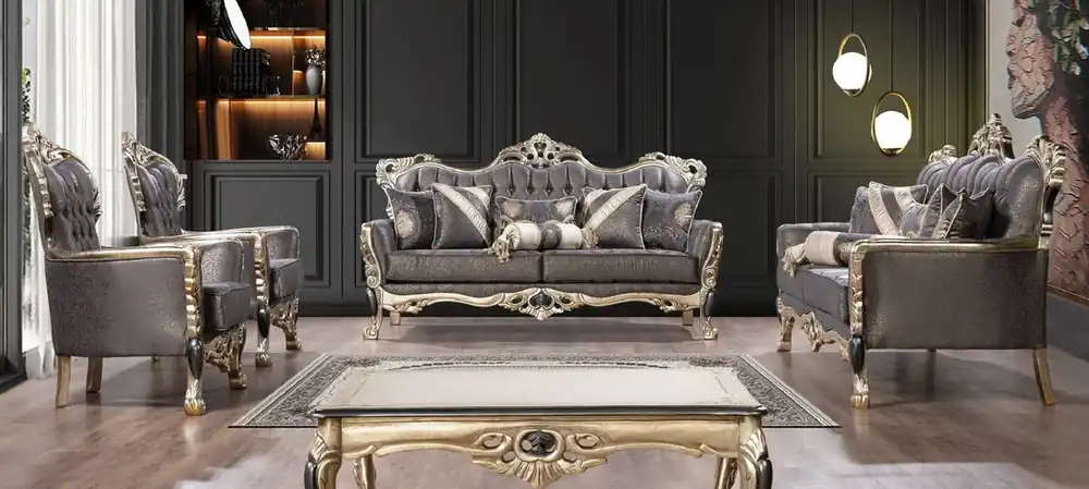Geprüft Casa Padrino set da soggiorno barocco di lusso viola / oro antico / nero - 2 Divani Barocchi e 2 Poltrone Barocche e 1 Tavolo da Salotto Barocco - Mobili da soggiorno barocco - Nobile e Magnifico