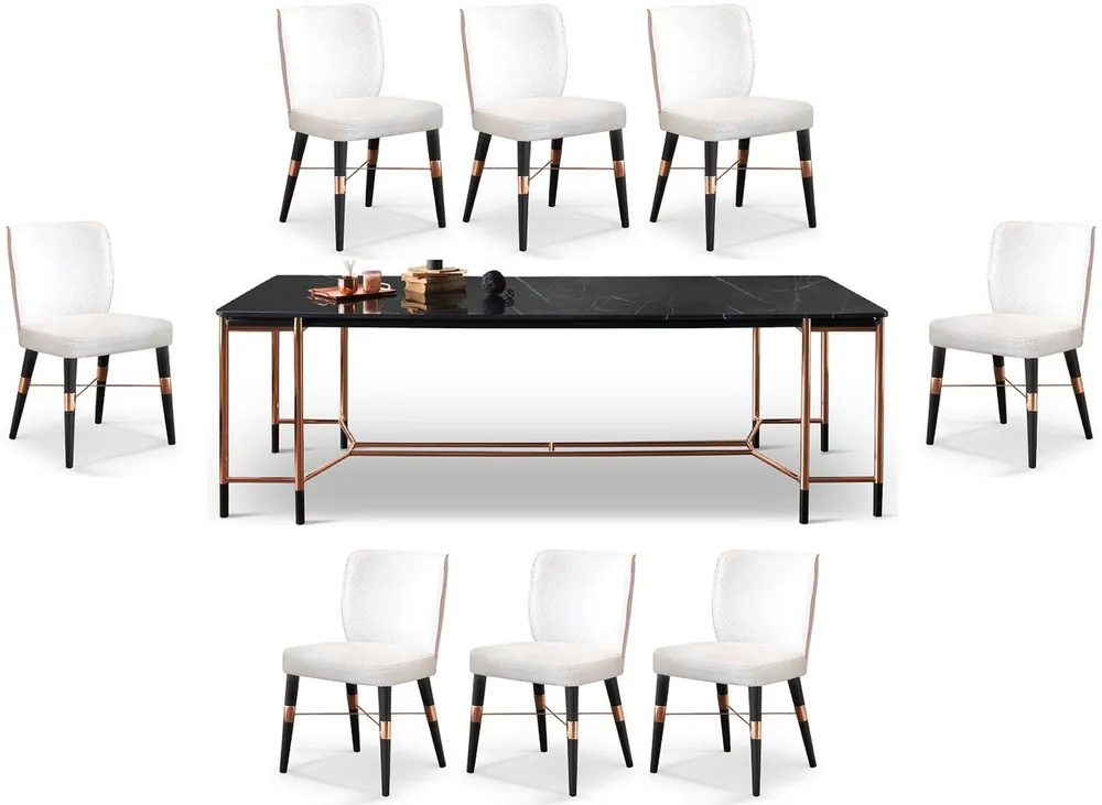 Günstig Casa Padrino set di mobili per sala da pranzo di lusso bianco / nero / rame - 1 Tavolo da Pranzo con Piano in Marmo e 8 Sedie da Pranzo - Mobili per sala da pranzo - Mobili di lusso