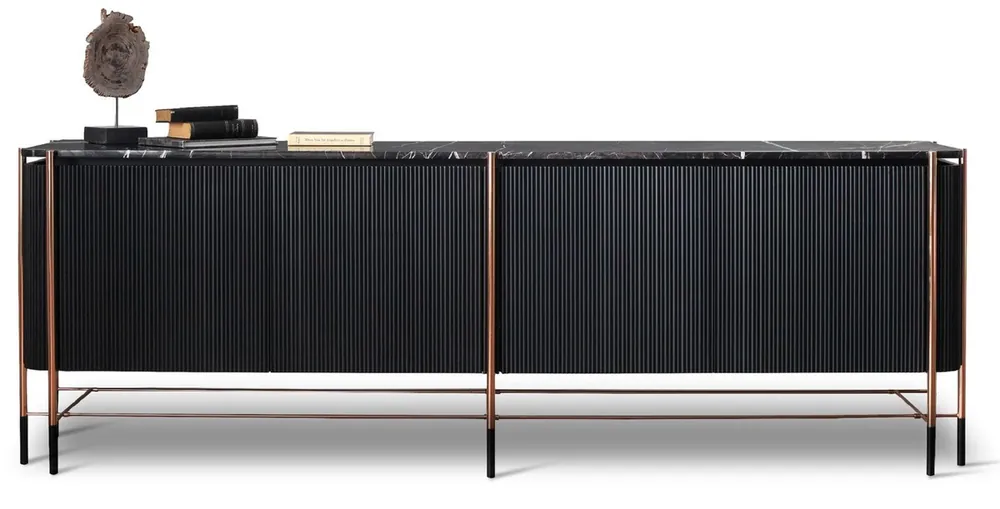 Schnäppchen Casa Padrino credenza di lusso nero / nero opaco / rame 240 x 47 x A. 80 cm - Armadio in legno massello con 4 ante e piano in marmo - Mobile sala da pranzo - Mobile soggiorno - Mobile di lusso